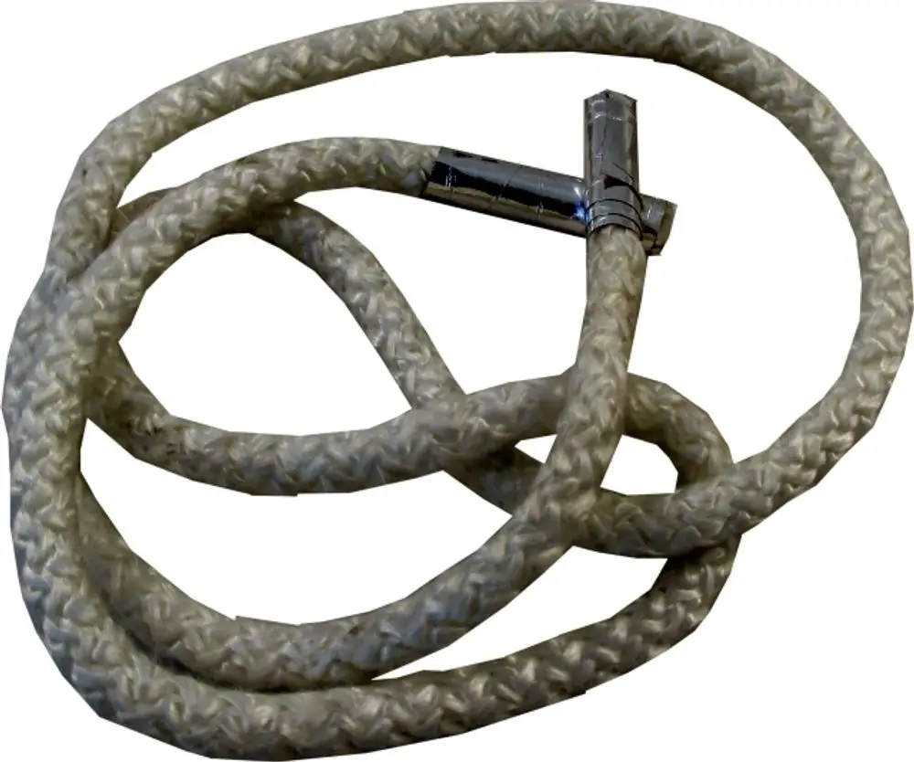 Reinigungsschlauch, umwickelt aus hellem Material, mit einem silbernen Anschlussstück, geeignet für Produkte der Marke Wolf. Patiens gekennzeichnet für ordnungsgemäße Anwendung.